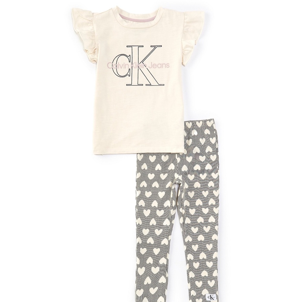 Calvin Klein little girl Cream and Gray Pajama Set with Ruffle Sleeves - Picture 1 of 2